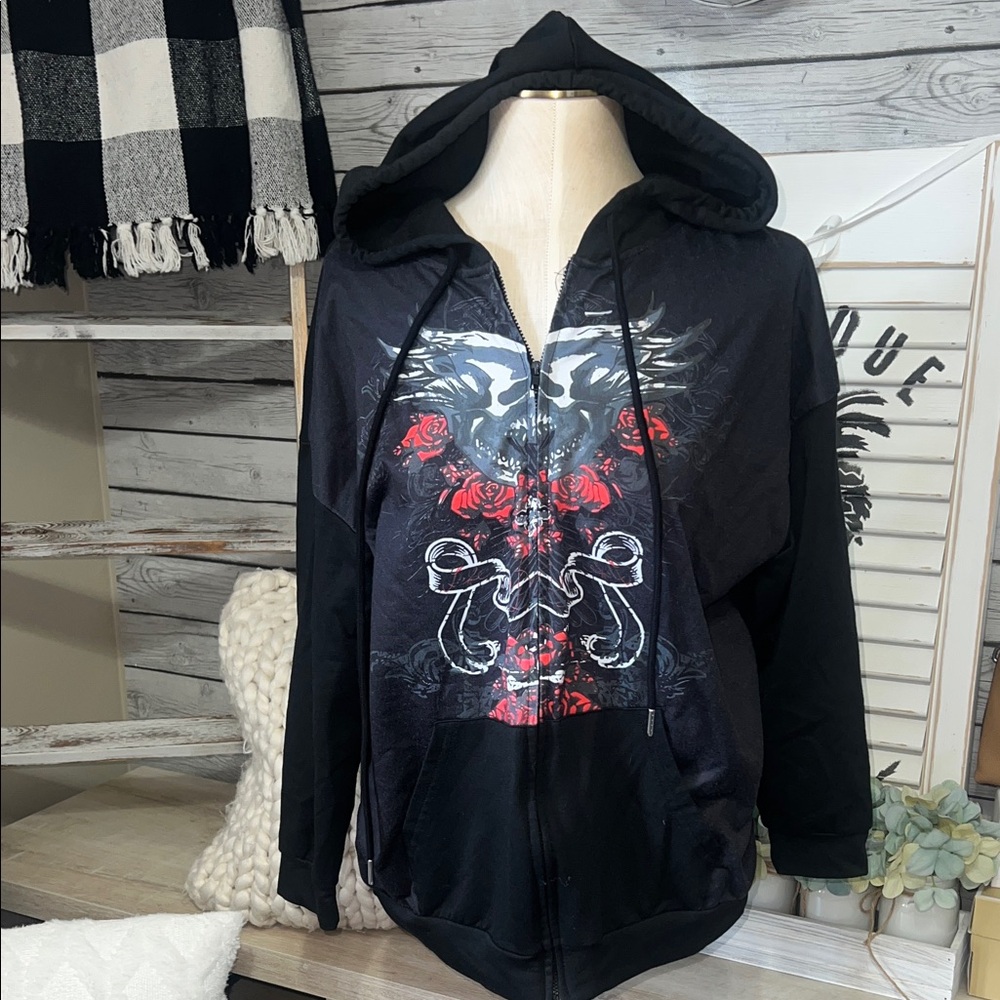 Graphic Black Hoodie with Red and White Design